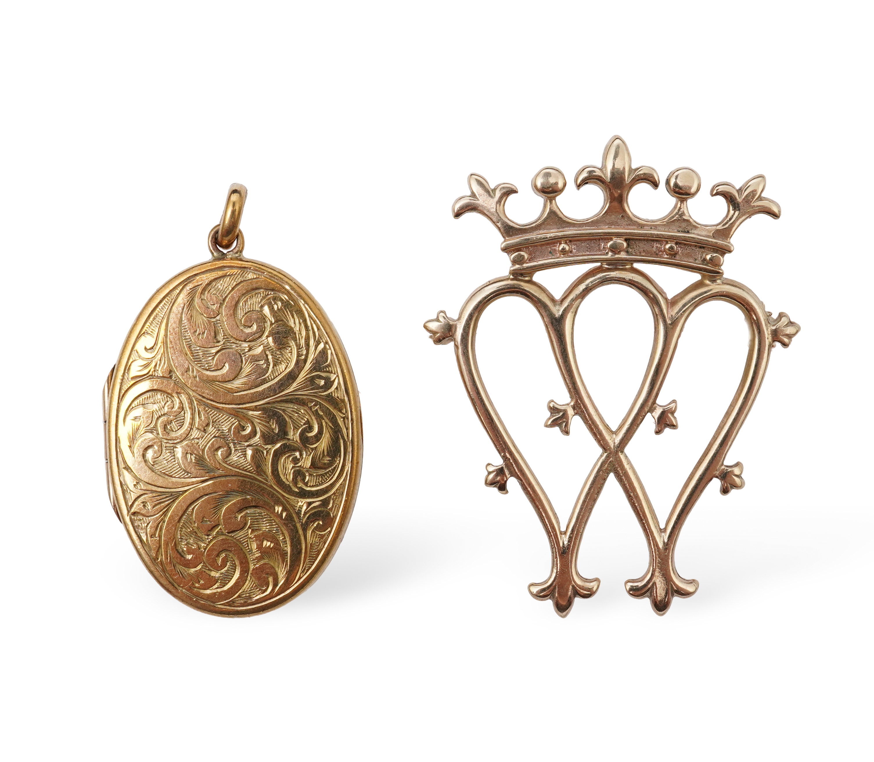 A 9ct gold brooch and locket, the brooch designed as a conjoined pair of hearts beneath a crown, length 4.7cm; the locket of oval outline, engraved to the front with foliate scrolls, length 4.2cm, each with British hallm